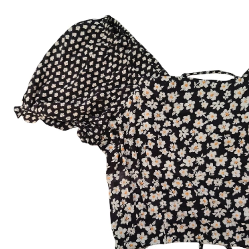 Angie Black Floral Lace Up Back Boho Cropped Top Medium - Picture 6 of 10